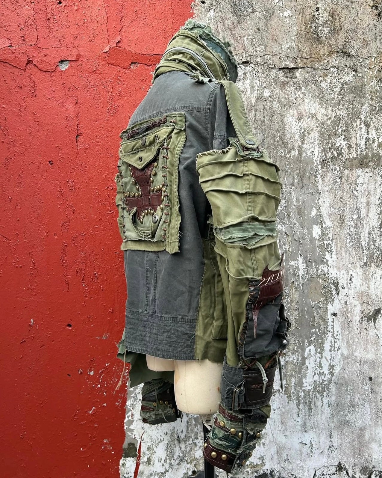S02-Leather patched denim jacket